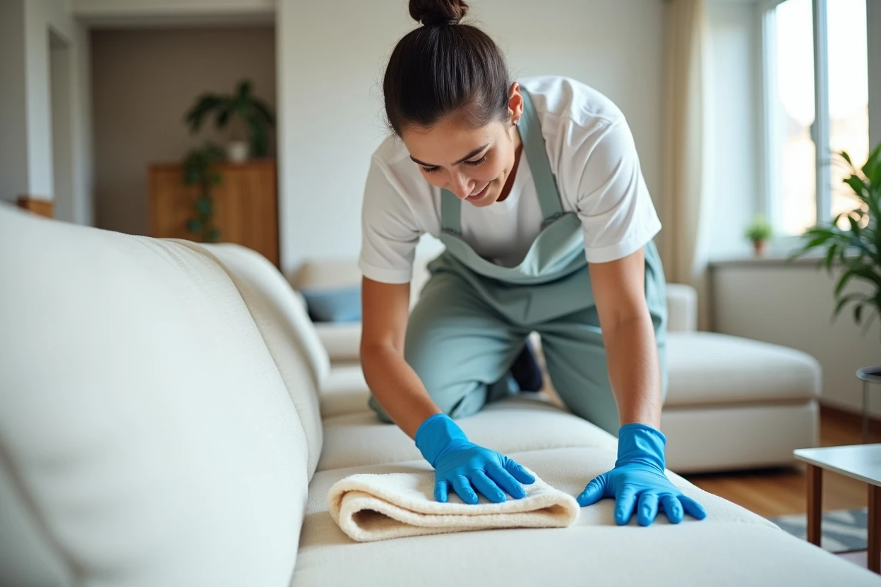 Mano inspeccionando tejido de sofá
